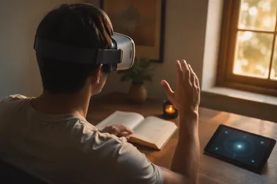 Person Using VR Headset at Desk