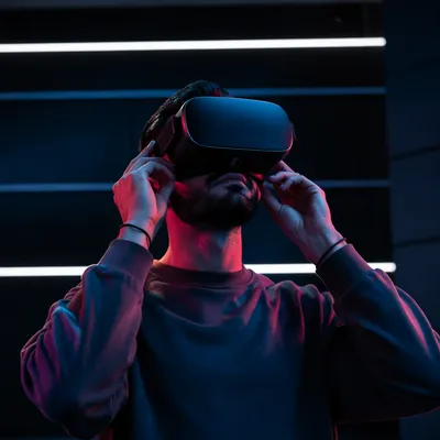 Person Wearing VR Headset in Neon Studio