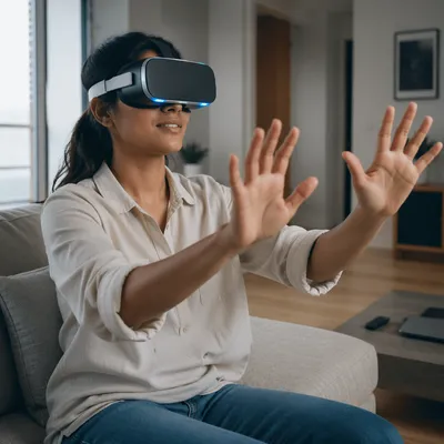 Young Woman Exploring Virtual Reality at Home