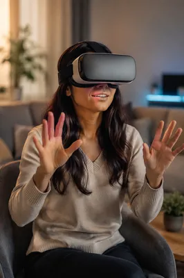Woman Wearing Virtual Reality Headset at Home