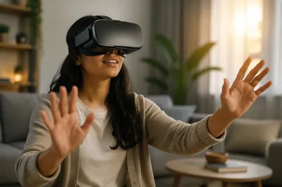 Woman Wearing VR Headset at Home