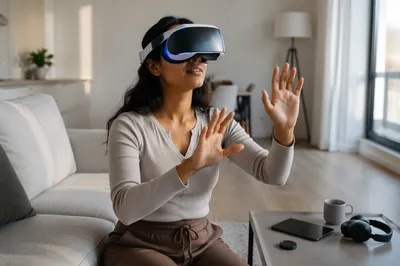 Woman Using VR Headset in Living Room