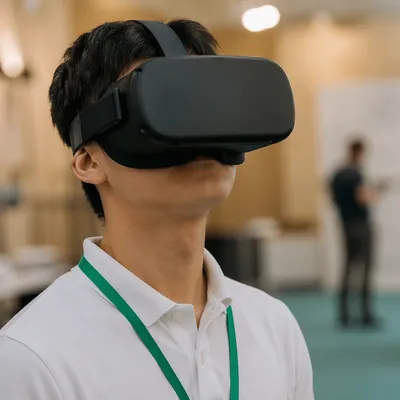 Person Wearing VR Headset at Tech Expo