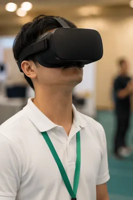 Person Wearing VR Headset at Tech Expo