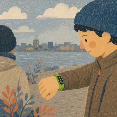 Runner Checking Lime Fitness Band by Waterfront