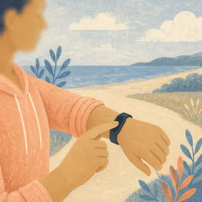 Fitness Band Check During Coastal Workout