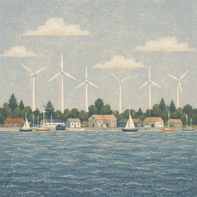 Coastal Wind Turbines Across Quiet Inlet