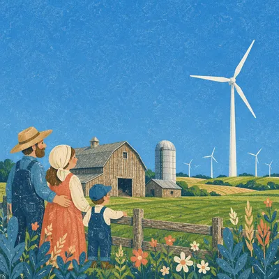 Wind Turbine Over Green Farm Fields