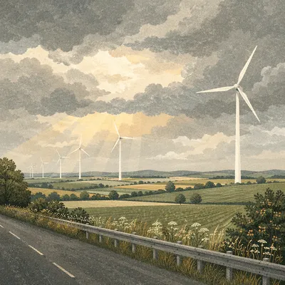 Wind Turbines Over Peaceful Green Farmland