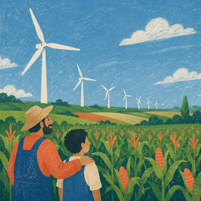 Wind Turbines Over Green Farm Fields