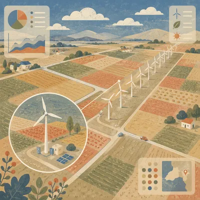 Aerial Wind Turbines Over Patchwork Farmland