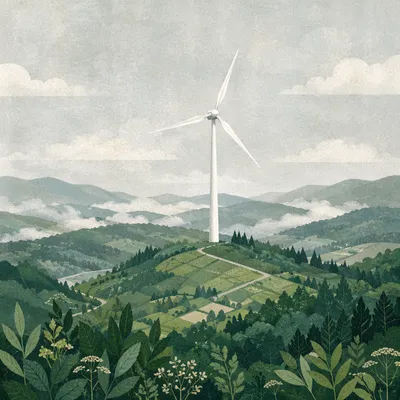 White Wind Turbine Over Misty Green Hills