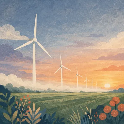 Wind Turbines at Dawn Over Green Fields