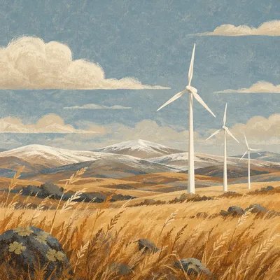 Wind Turbines Over Golden Winter Moorland