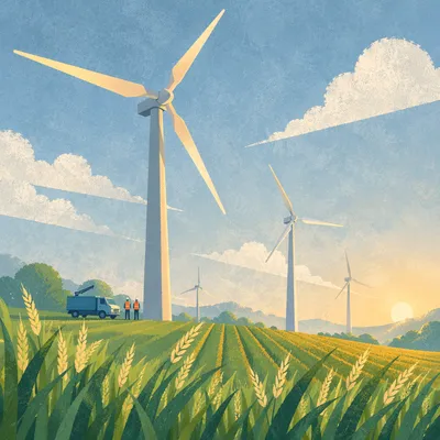 Wind Turbines Over Green Farm Field