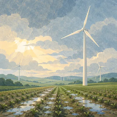 Wind Turbines Over Fresh Green Farmland