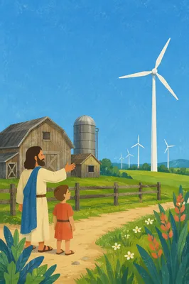 Renewable Wind Farm Over Green Fields