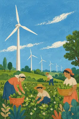 Wind Turbines Over Green Renewable Farmland