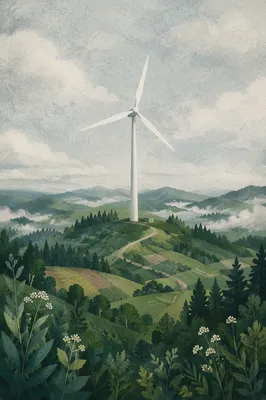 Wind Turbine Over Misty Green Hills