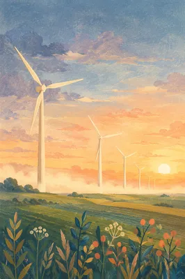 Dawn Wind Turbines Over Green Fields