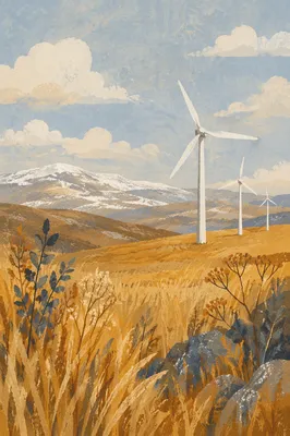 Wind Turbines Over Golden Winter Moorland
