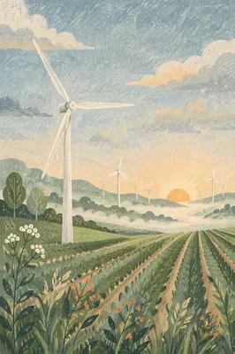 Dawn Wind Turbines Over Rolling Farmland