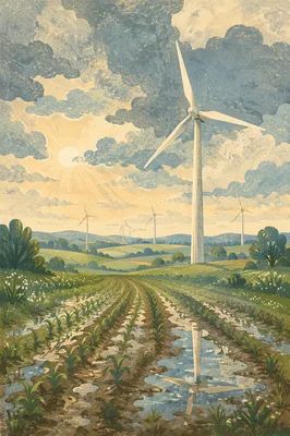 Spring Wind Turbines Over Green Farmland