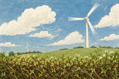 Wind Turbines Over Spring Hedgerow Field