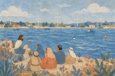 Coastal Wind Turbines Over Calm Blue Water
