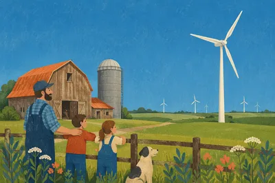 Wind Turbines Over Green Farmland