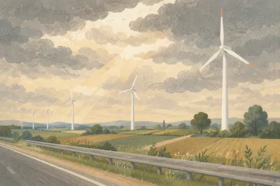 Wind Turbines Over Peaceful Green Farmland