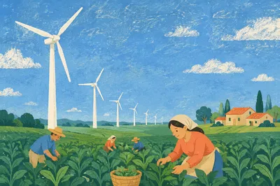 Wind Turbines Over Green Harvest Field