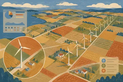 Aerial Wind Turbines Over Patchwork Farmland