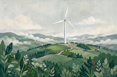 Wind Turbine Over Misty Green Hills