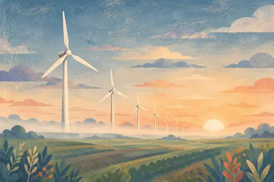 Dawn Wind Turbines Over Green Fields
