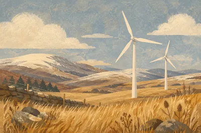 Wind Turbines Over Golden Winter Moorland