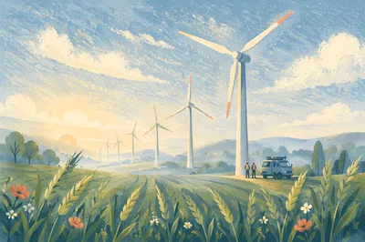 Wind Turbines Across Morning Green Field