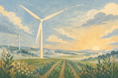 Dawn Wind Turbines Over Rolling Farmland
