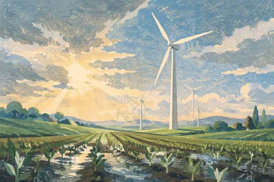 Wind Turbines Over Spring Farmland