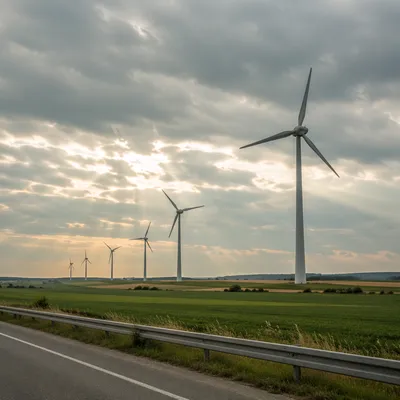 Wind Turbines Over Peaceful Green Farmland
