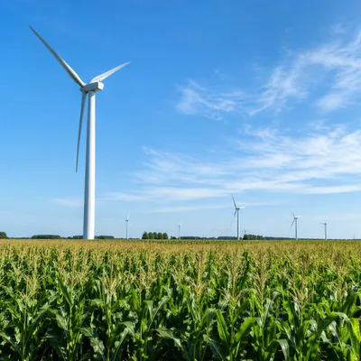 Wind Turbines Over Green Farmland