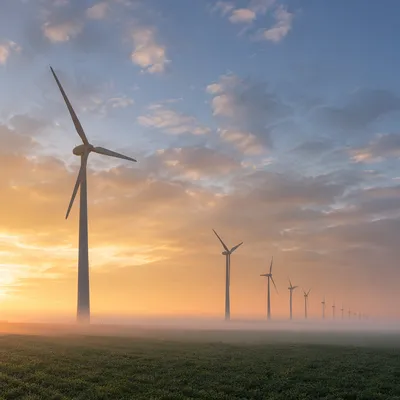 Wind Turbines at Dawn Over Green Fields