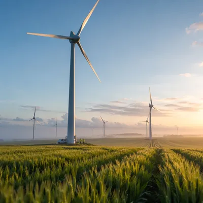 Morning Wind Turbines Over Green Field