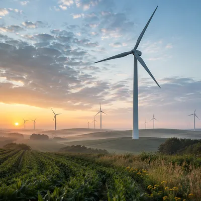 Dawn Wind Turbines Over Rolling Farmland