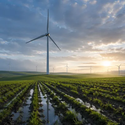 Wind Turbines Over Green Farmland
