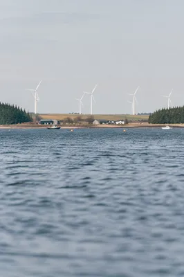 Coastal Wind Turbines Over Calm Blue Water