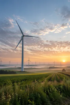 Dawn Wind Turbines Over Rolling Farmland