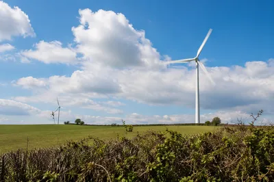 Wind Turbines Over Spring Hedgerow Landscape