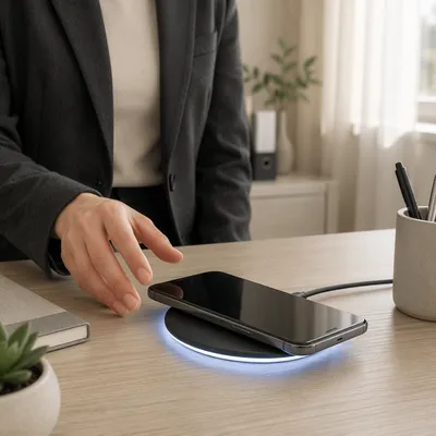 Wireless Phone Charging on Modern Desk