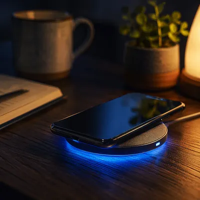 Glowing Wireless Charging Pad on Walnut Desk